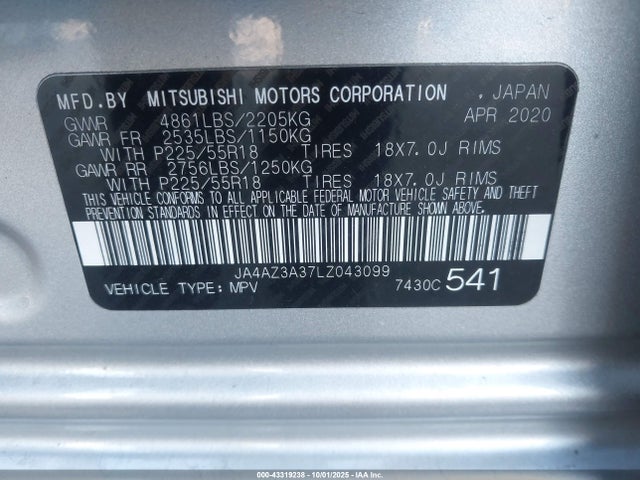JA4AZ3A37LZ043099 Mitsubishi Outlander Es 2.4 S-awc/le 2.4 S-awc/se 2.4 S-awc/sel 2.4 S-awc/sp 2.4 S-awc