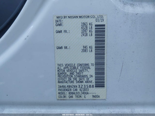 Aukcja sprzedaży 2019 Nissan Altima 2.5 S, vin: 1N4BL4BV2KN323588, numer aukcji: 43319253