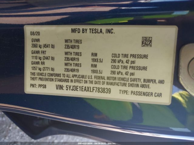 2020 TESLA MODEL 3 5YJ3E1EAXLF783839 Photo 8