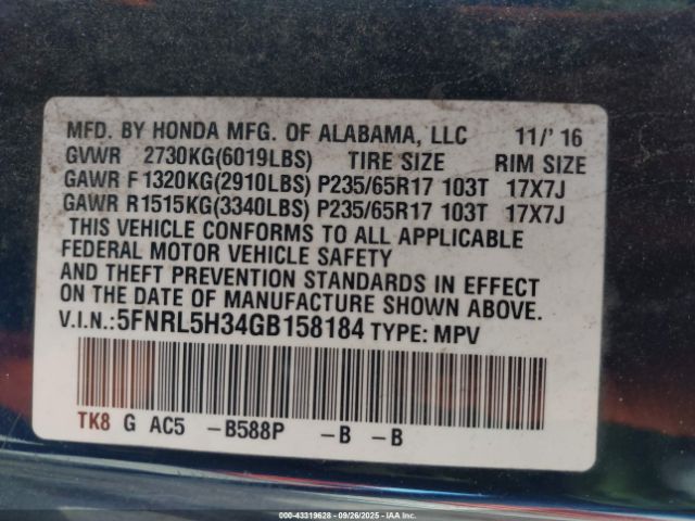 2016 HONDA ODYSSEY 5FNRL5H34GB158184 Photo 8