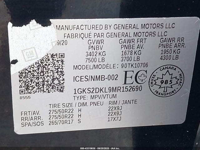 GMC l87 - di dfm, alum, gen 5 2021 1GKS2DKL9MR152690 Image 9