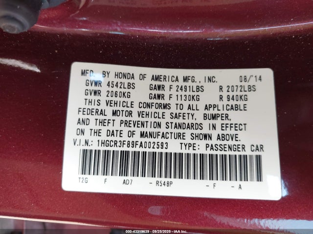Honda j35y1 2015 1HGCR3F89FA002593 Image 9