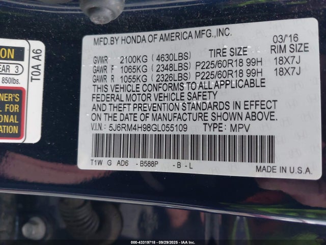 Honda k24w9 2016 5J6RM4H98GL055109 Image 9