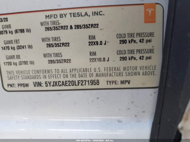 2020 TESLA MODEL X 5YJXCAE20LF271958 Photo 8