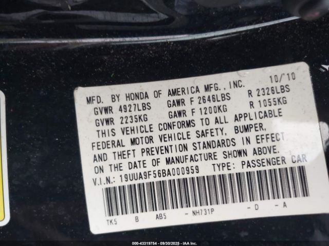 2011 ACURA TL 19UUA9F56BA000959 Photo 8