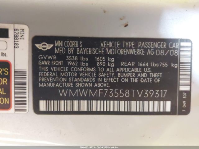 2008 MINI COOPER S WMWMF73558TV39317 Photo 8