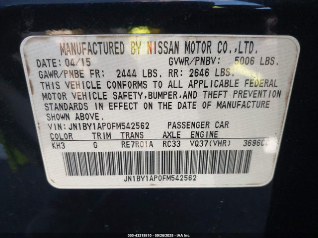 2015 Infiniti Q70 3.7 მანქანა იყიდება აუქციონზე, vin: JN1BY1AP0FM542562, აუქციონის ნომერი: 43319810