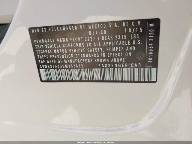 3VW637AJ3GM253612 Volkswagen 2016