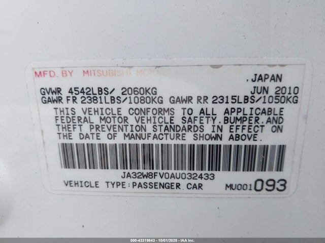 Aukcja sprzedaży 2010 Mitsubishi Lancer Evolution Gsr, vin: JA32W8FV0AU032433, numer aukcji: 43319843