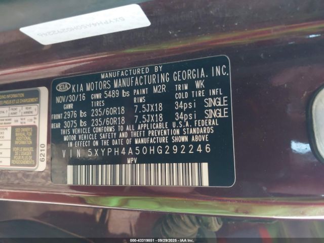 2017 KIA SORENTO 5XYPH4A50HG292246 Photo 8