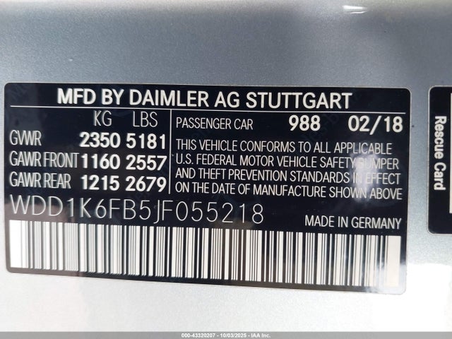 43320207 :رقم المزاد ، WDD1K6FB5JF055218 vin ، 2018 Mercedes-benz E 400 مزاد بيع