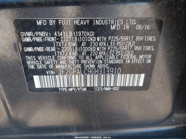Subaru naturally aspirated 2016 JF2GPALC9GH313910 Image 9