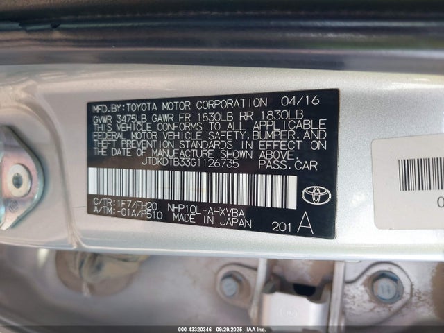 Toyota 1nz-fxe+1lm 2016 JTDKDTB33G1126735 Image 9
