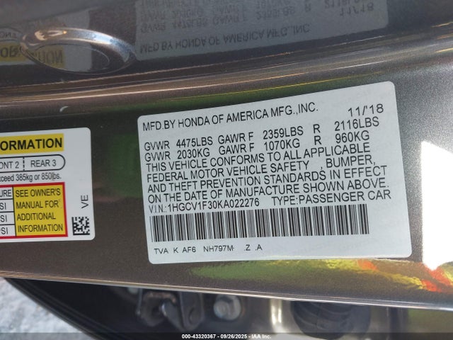 1HGCV1F30KA022276 Honda l15be