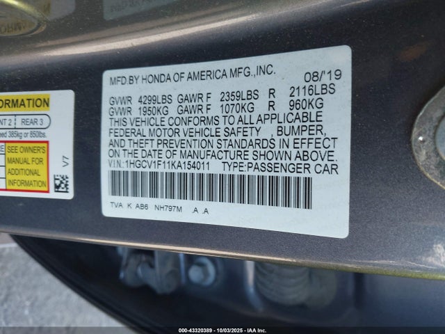 1HGCV1F11KA154011 Honda ACCORD LX