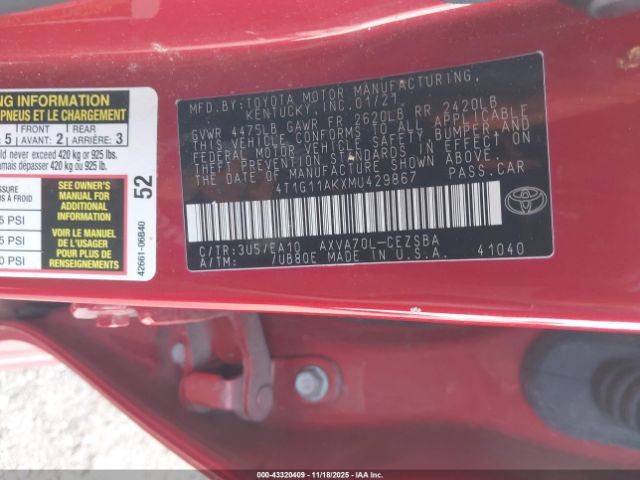2021 TOYOTA CAMRY 4T1G11AKXMU429867 Photo 8