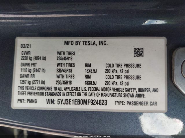 2021 TESLA MODEL 3 5YJ3E1EB0MF924623 Photo 8