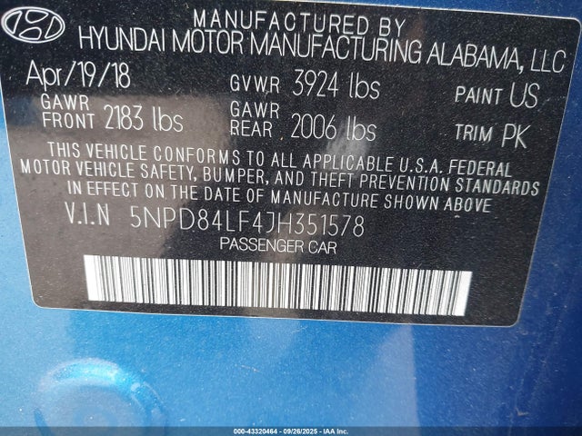 5NPD84LF4JH351578 Hyundai mpi nu