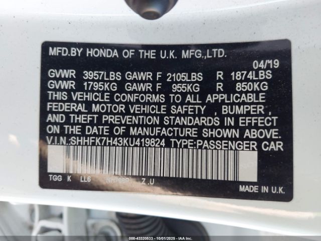 2019 HONDA CIVIC SHHFK7H43KU419824 Photo 8