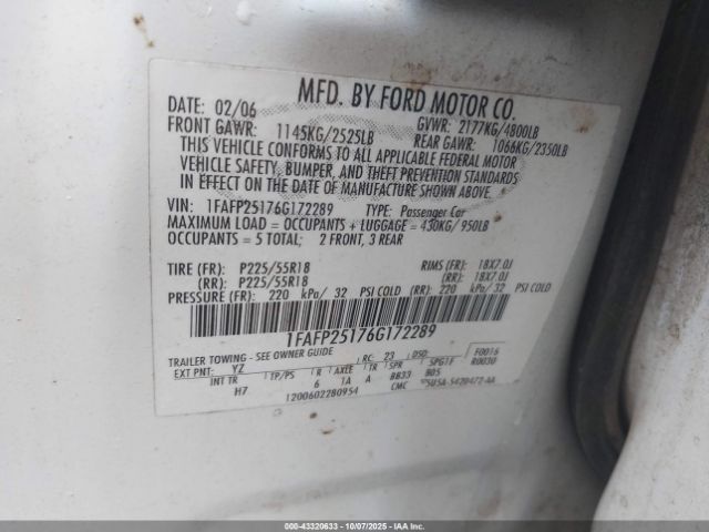 2006 FORD FIVE HUNDRED 1FAFP25176G172289 Photo 8