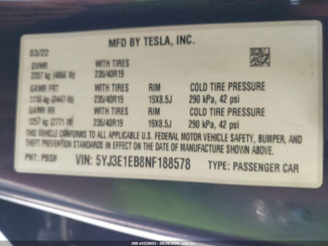 2022 TESLA MODEL 3 5YJ3E1EB8NF188578 Photo 8