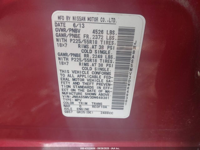 43320858 :رقم المزاد ، JN8AS5MV3DW649381 vin ، 2013 Nissan Rogue Sv W/sl Pkg مزاد بيع