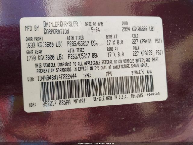 2004 DODGE DURANGO 1D4HB48N14F222444 Photo 8