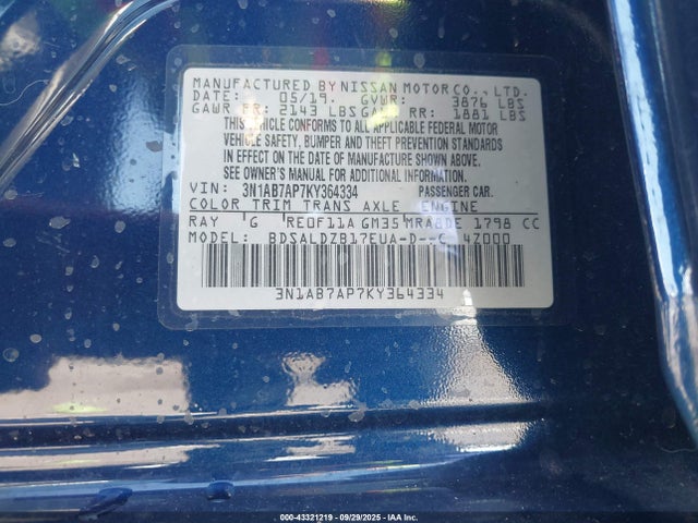 3N1AB7AP7KY364334 Nissan SENTRA SV