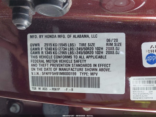 5FNYF5H91MB000159 Honda Pilot 2wd Touring 8 Passenger