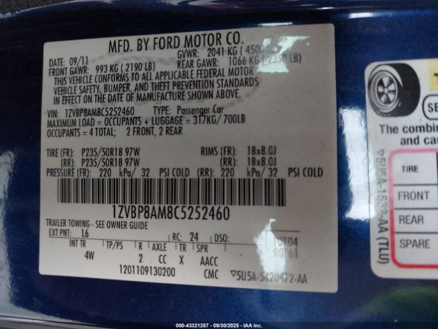 2012 FORD MUSTANG 1ZVBP8AM8C5252460 Photo 8
