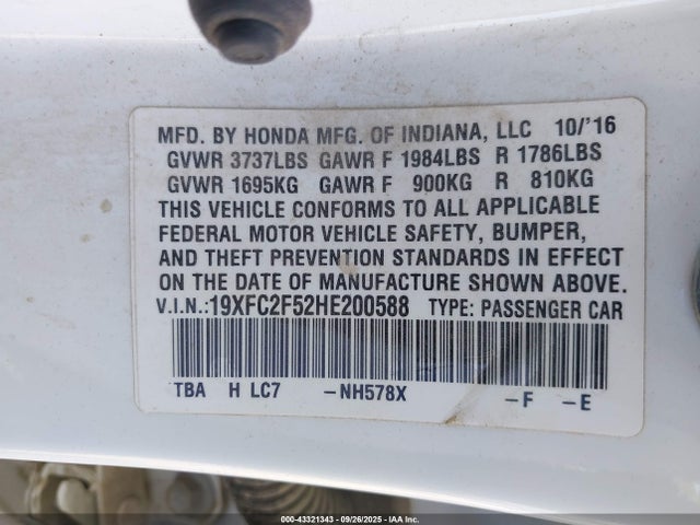 Honda k20c2 2017 19XFC2F52HE200588 Image 9