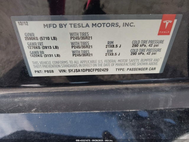 2012 TESLA MODEL S 5YJSA1DP8CFP02429 Photo 8