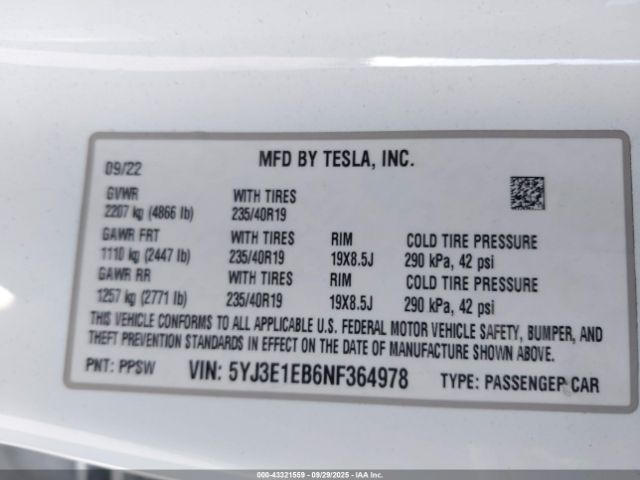 2022 TESLA MODEL 3 5YJ3E1EB6NF364978 Photo 8