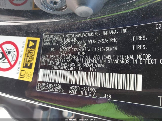5TDZARFH0JS035545 Toyota Highlander Le