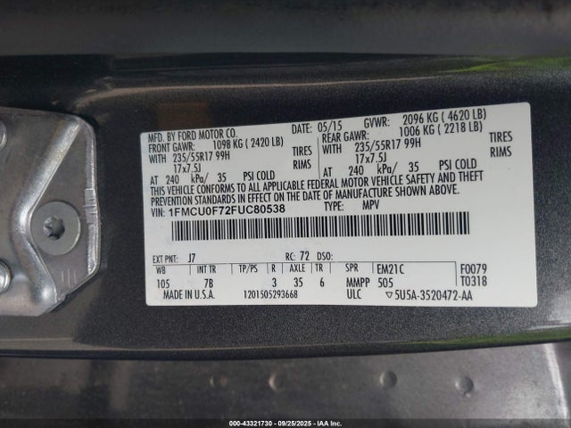 Ford 2015 2015 1FMCU0F72FUC80538 Image 9