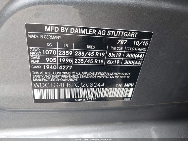 Mercedes-Benz m270 2016 WDCTG4EB2GJ208244 Image 9