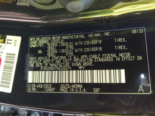 2022 TOYOTA HIGHLANDER 5TDHZRBH7NS239274 Photo 8