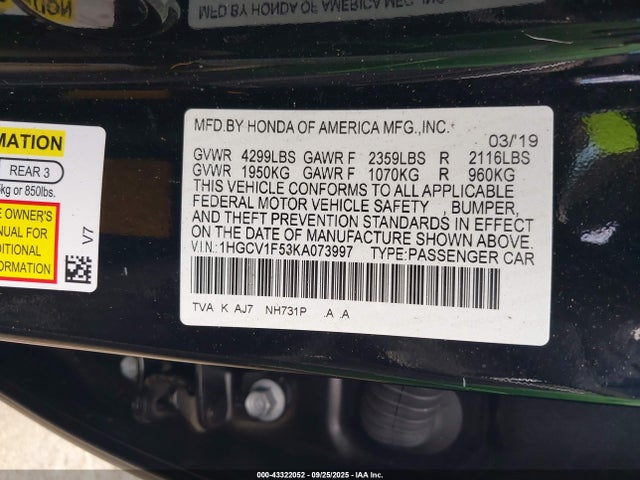 1HGCV1F53KA073997 Honda l15be
