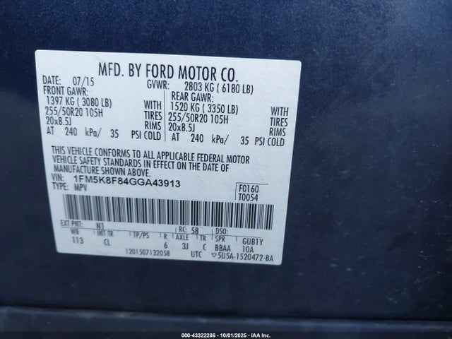 2016 FORD EXPLORER 1FM5K8F84GGA43913 Photo 8