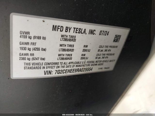 43322306 :رقم المزاد ، 7G2CEHEE9RA025554 vin ، 2024 Tesla Cybertruck Cyberbeast مزاد بيع