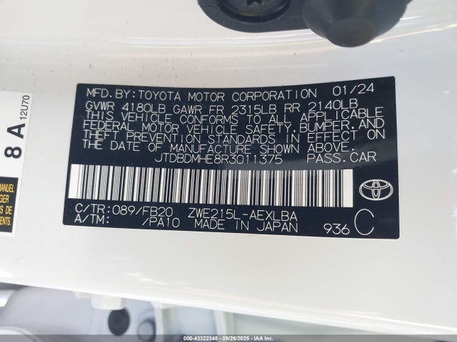 Toyota 2zr-fxe 2024 JTDBDMHE8R3011375 Image 9