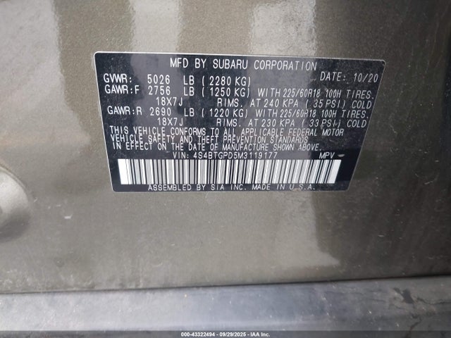 Subaru 2021 2021 4S4BTGPD5M3119177 Image 9
