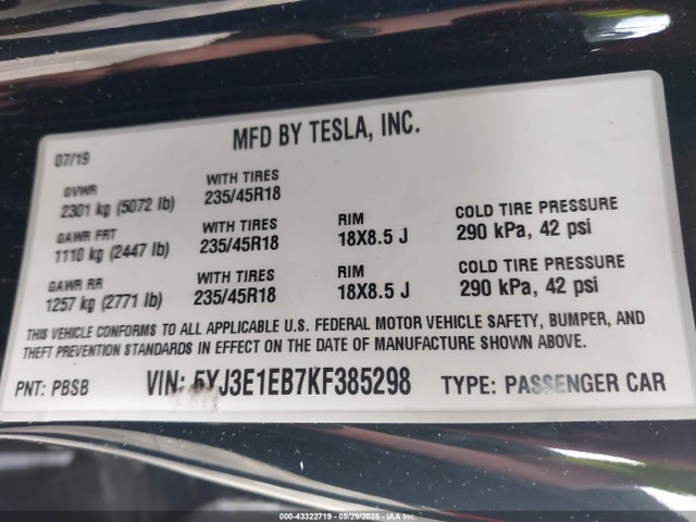 2019 TESLA MODEL 3 5YJ3E1EB7KF385298 Photo 8