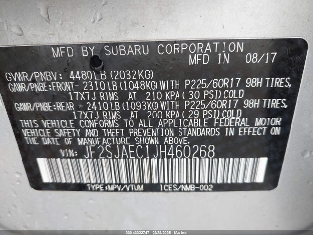 2018 Subaru Forester 2.5i Premium მანქანა იყიდება აუქციონზე, vin: JF2SJAEC1JH460268, აუქციონის ნომერი: 43322747