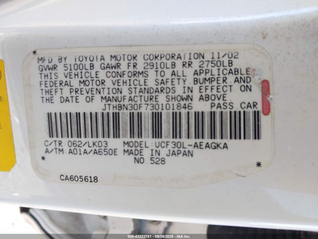 2003 LEXUS LS 430 JTHBN30F730101846 Photo 8