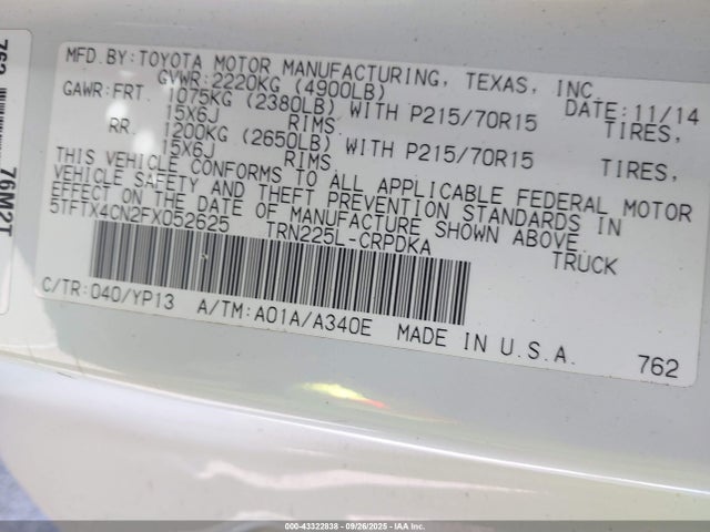 Toyota 2tr-fe 2015 5TFTX4CN2FX052625 Image 9