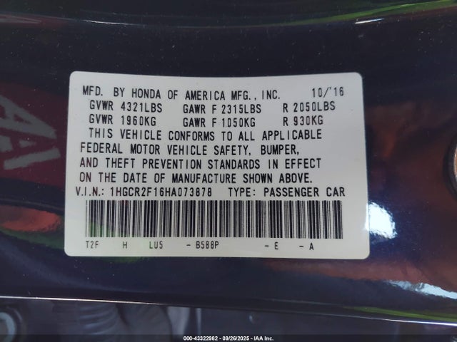 Honda k24w1 2017 1HGCR2F16HA073878 Image 9