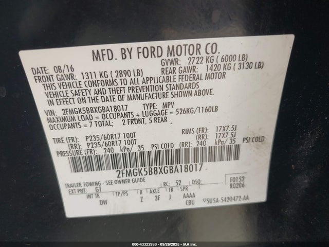 Ford Flex 2016 2FMGK5B8XGBA18017 Image 9