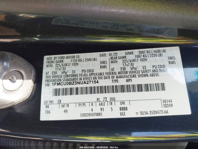 1FMCU0BZ5NUA27154 Ford hev/phev