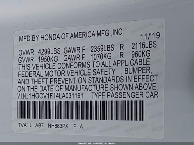 2020 HONDA ACCORD 1HGCV1F14LA031191 Photo 8